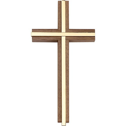 6 inch Plain Crucifix, Walnut w/ Polished Brass inlay