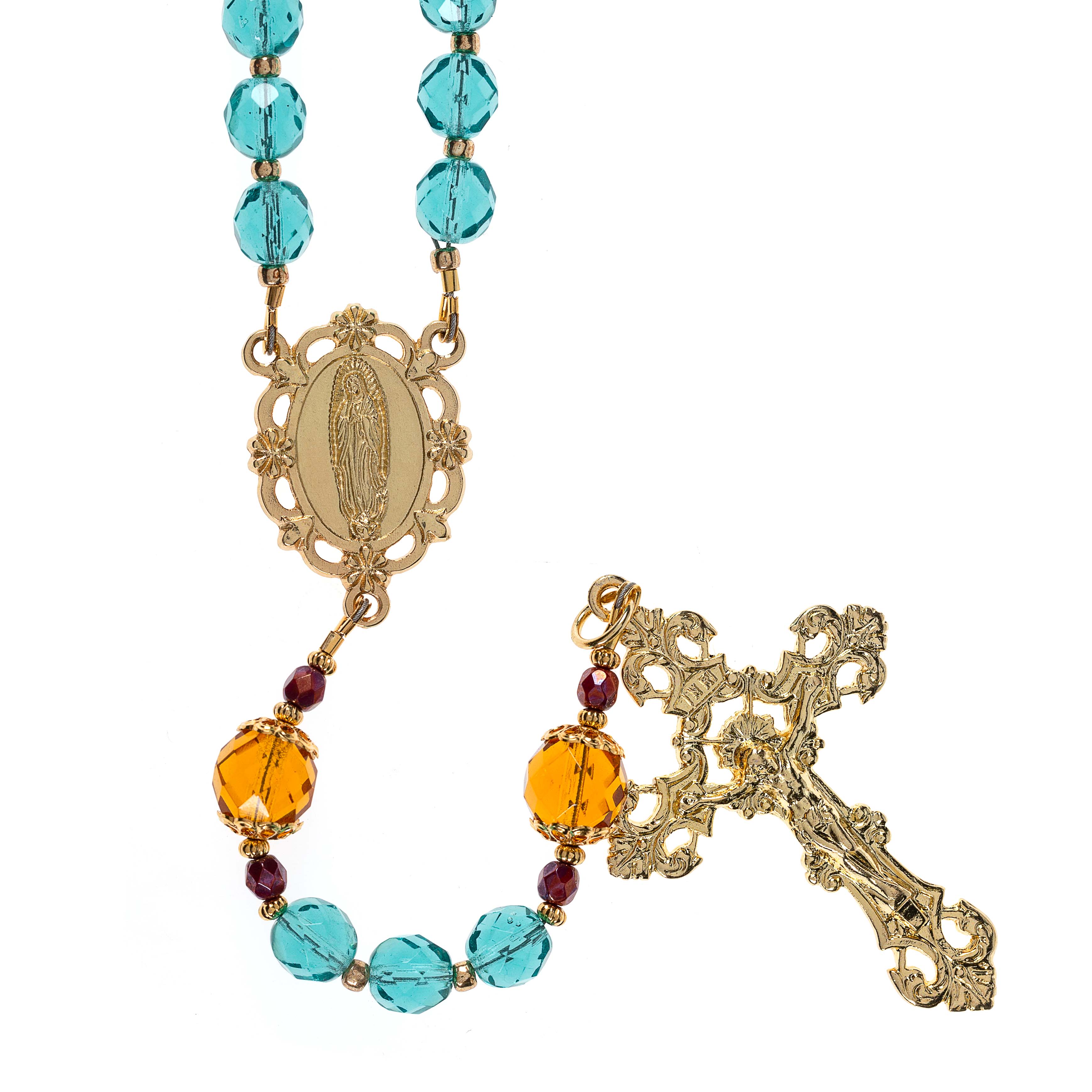 Turquoise Fire Polished Crystal Our Lady of Guadalupe Rosary