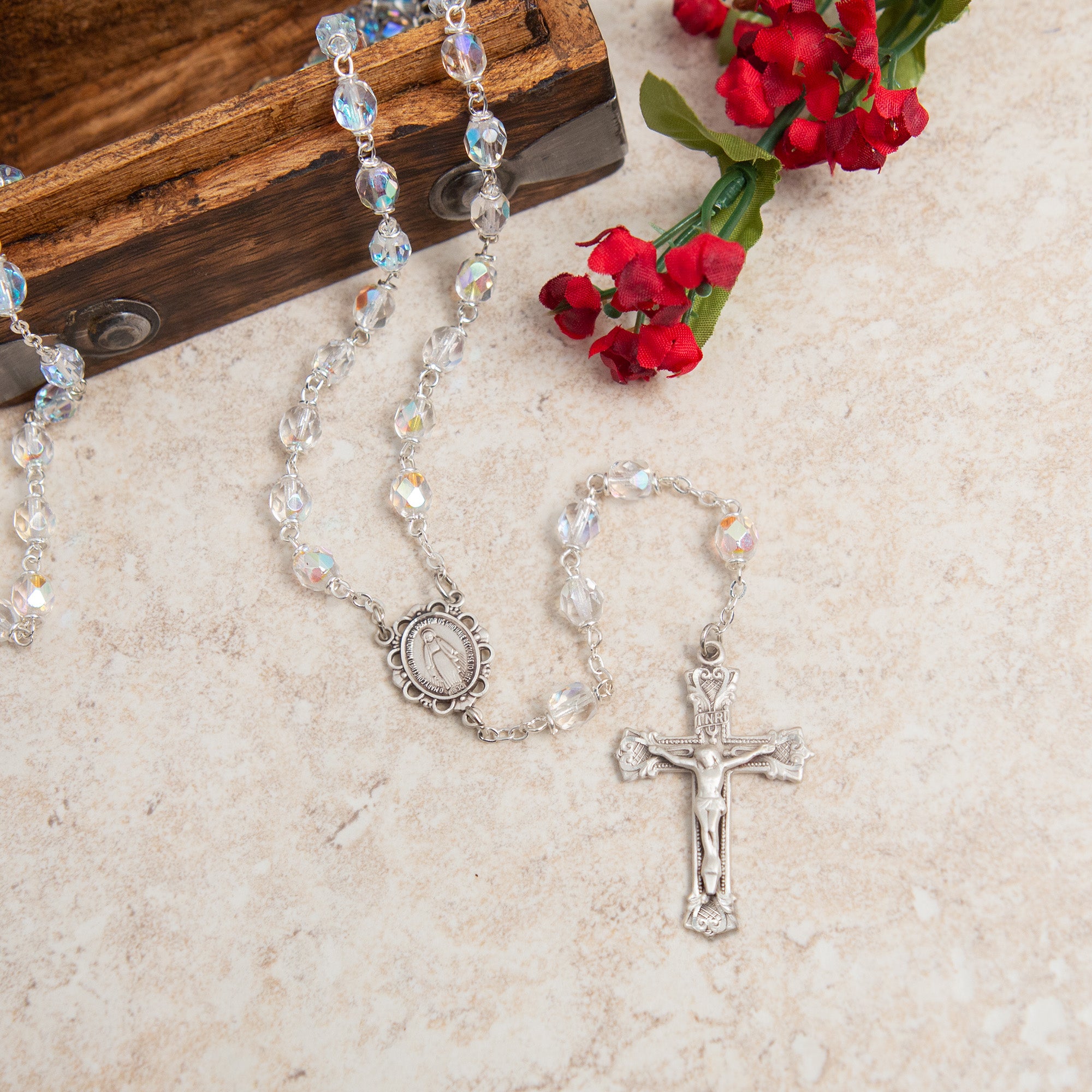 Bohemian Glass Birthstone Rosary – Crystal / April