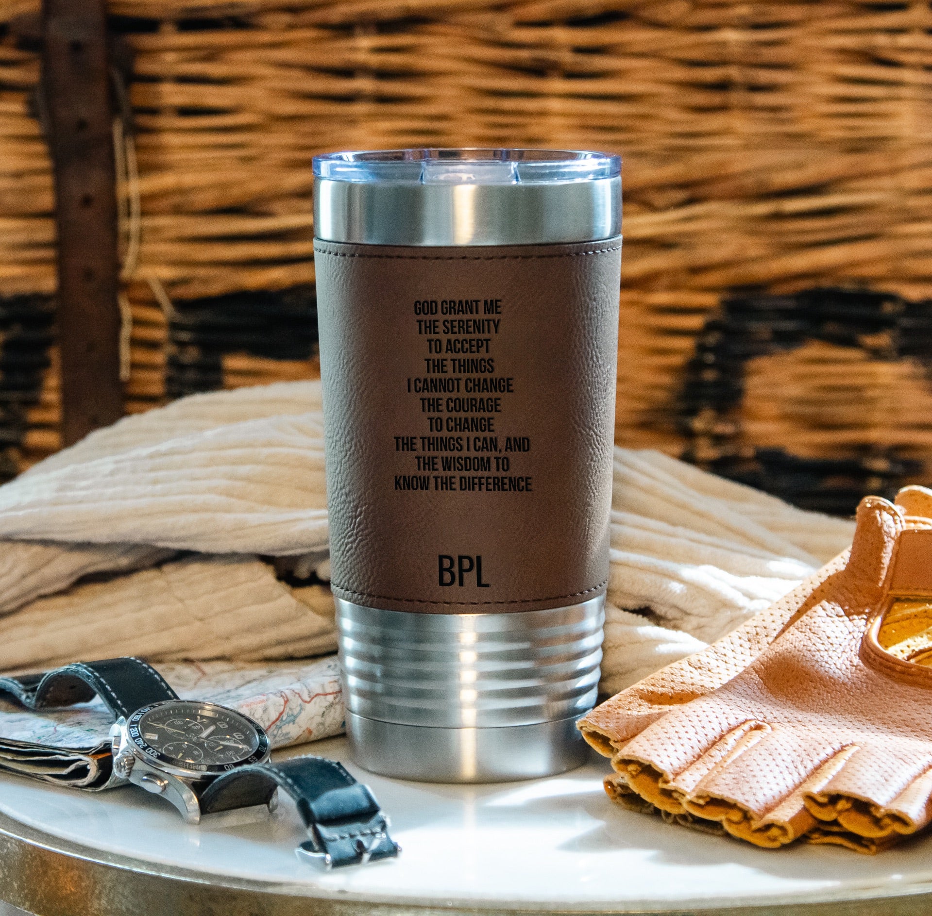 Personalized Serenity Prayer Stainless Steel & Leather Tumbler
