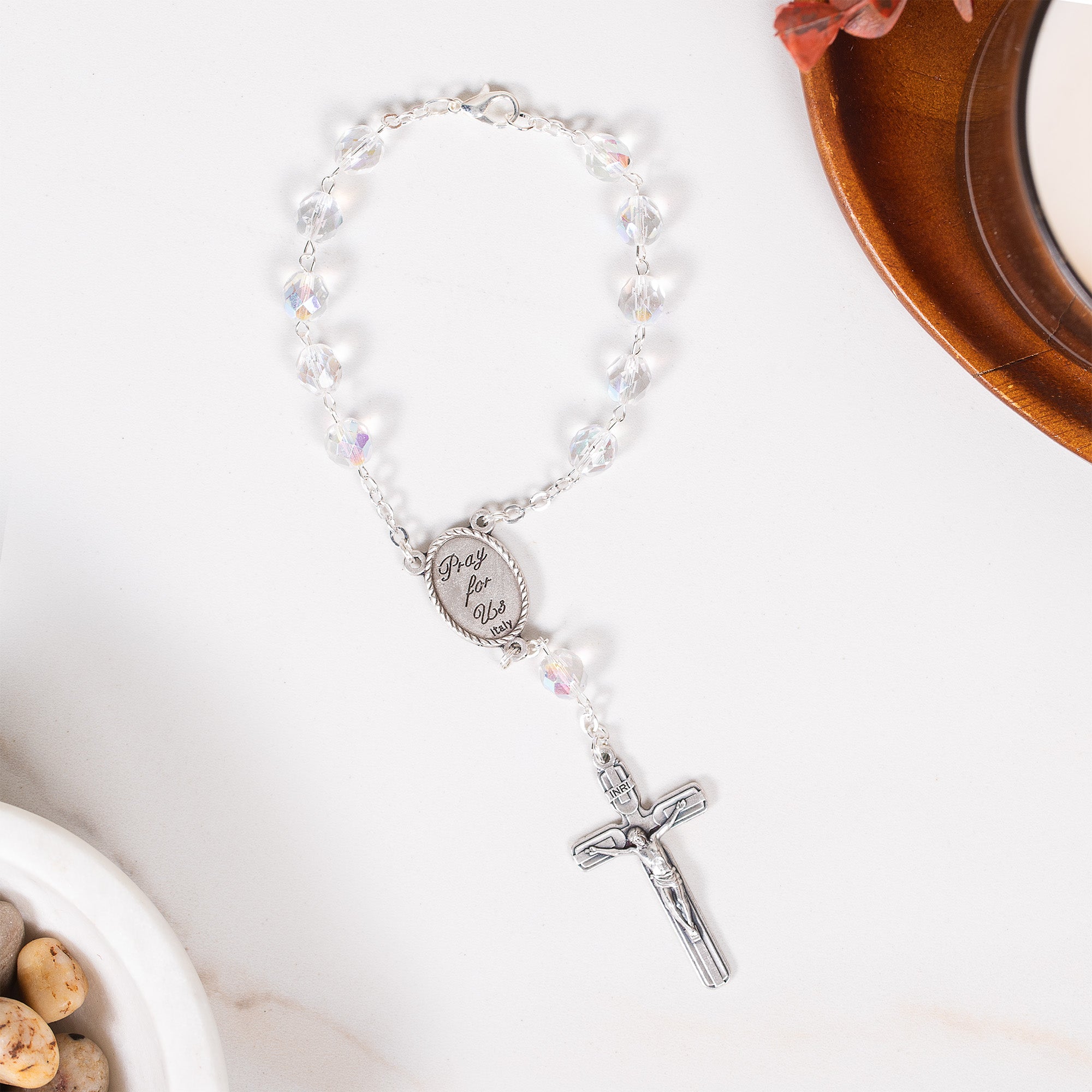 Aurora Borealis Clear Crystal Guardian Angel Auto Rosary