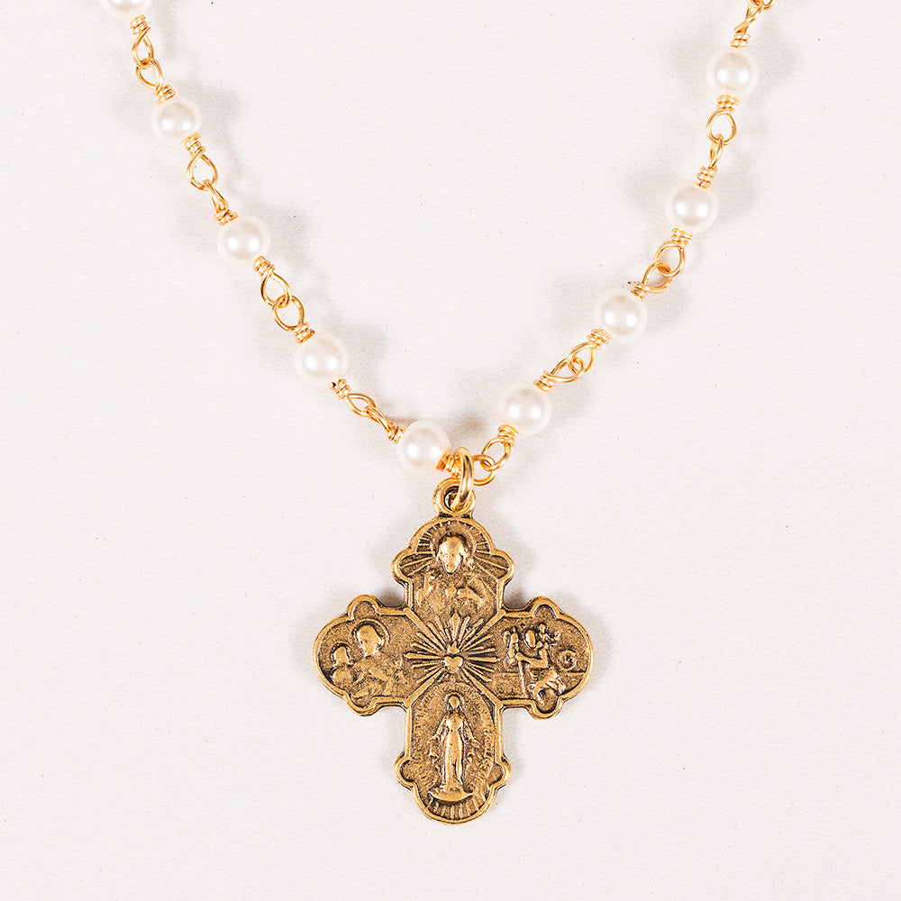 Beaded Freshwater Pearl & Four Way Cross Necklace