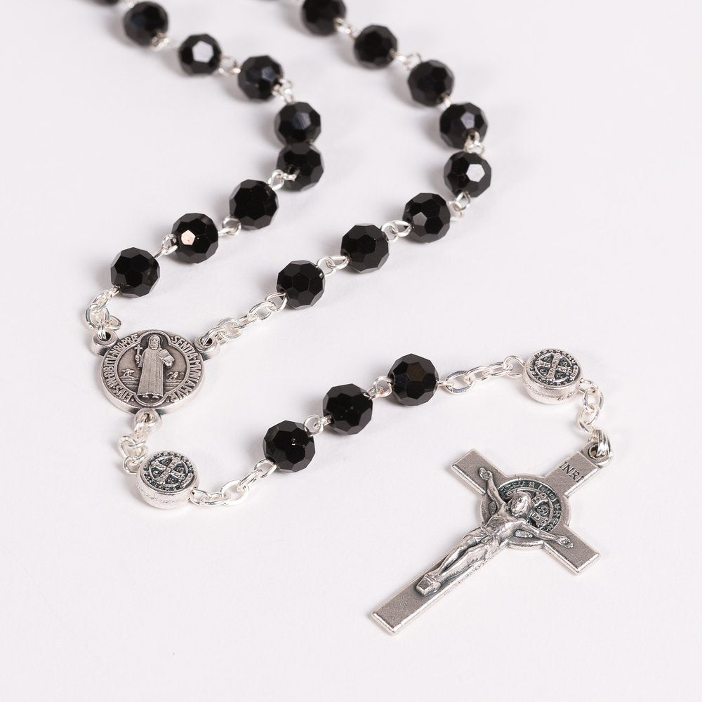 Italian Gray Glass St. Benedict Rosary & St. Benedict Rosary Box Set