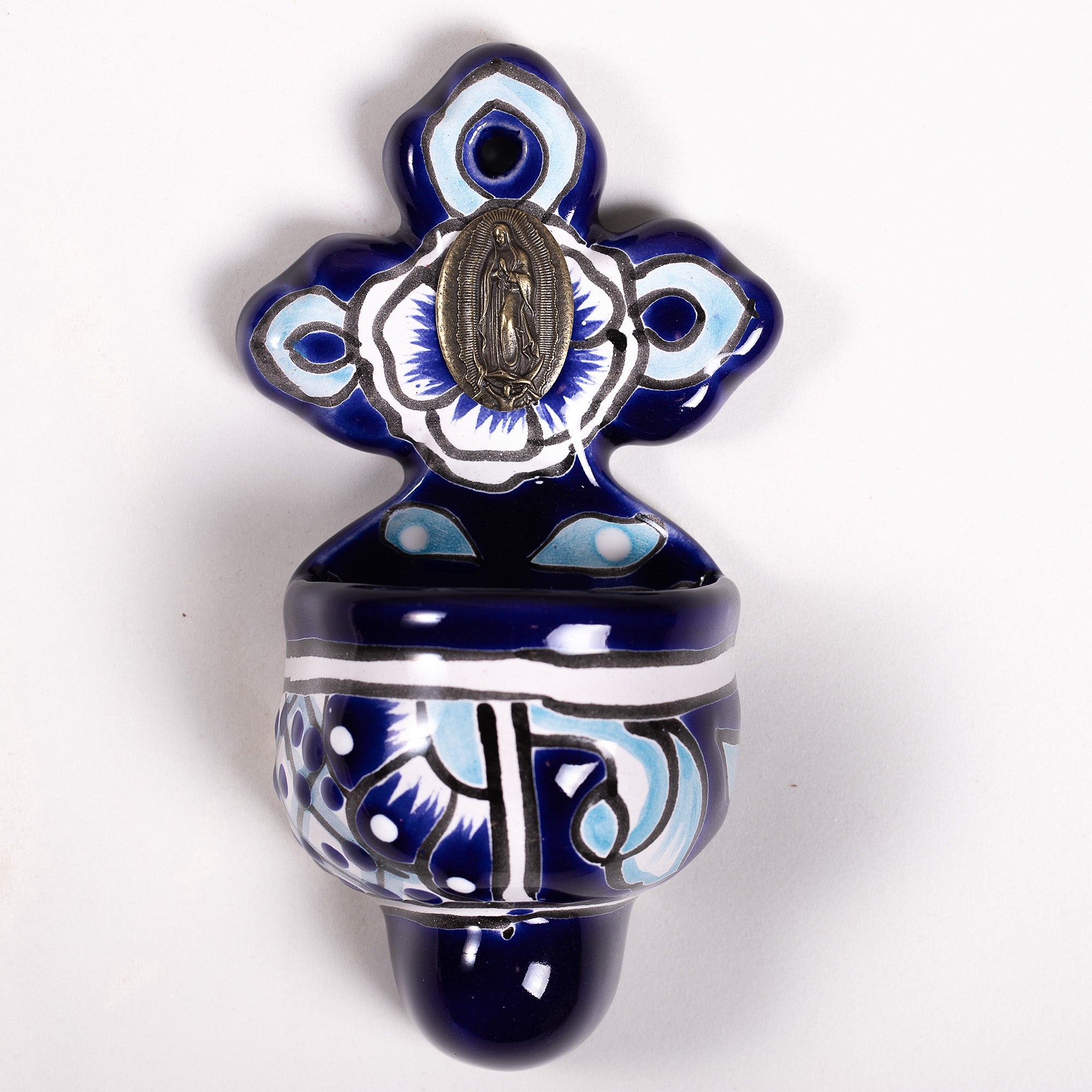 Guadalupe Mexican Talavera Holy Water Font - Blue & White Cross