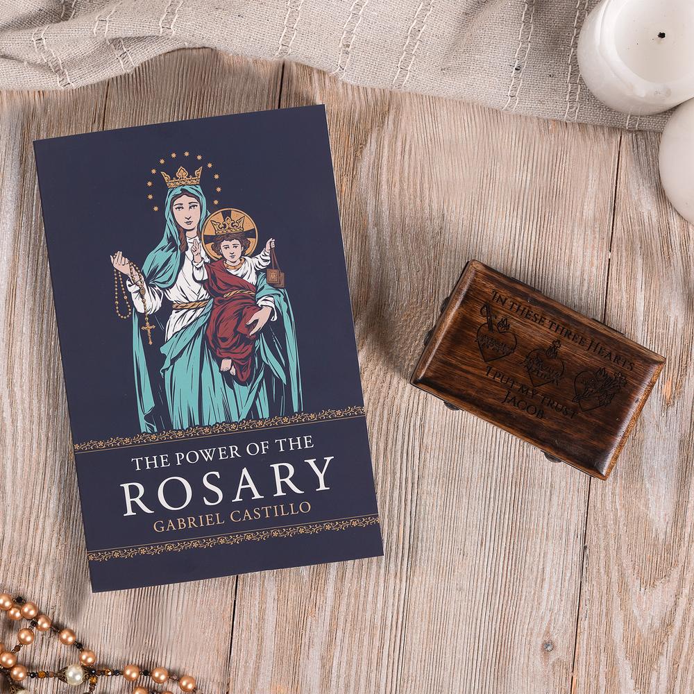 The Power of the Rosary Book & Personalized Three Hearts Rosary Box Gift Set