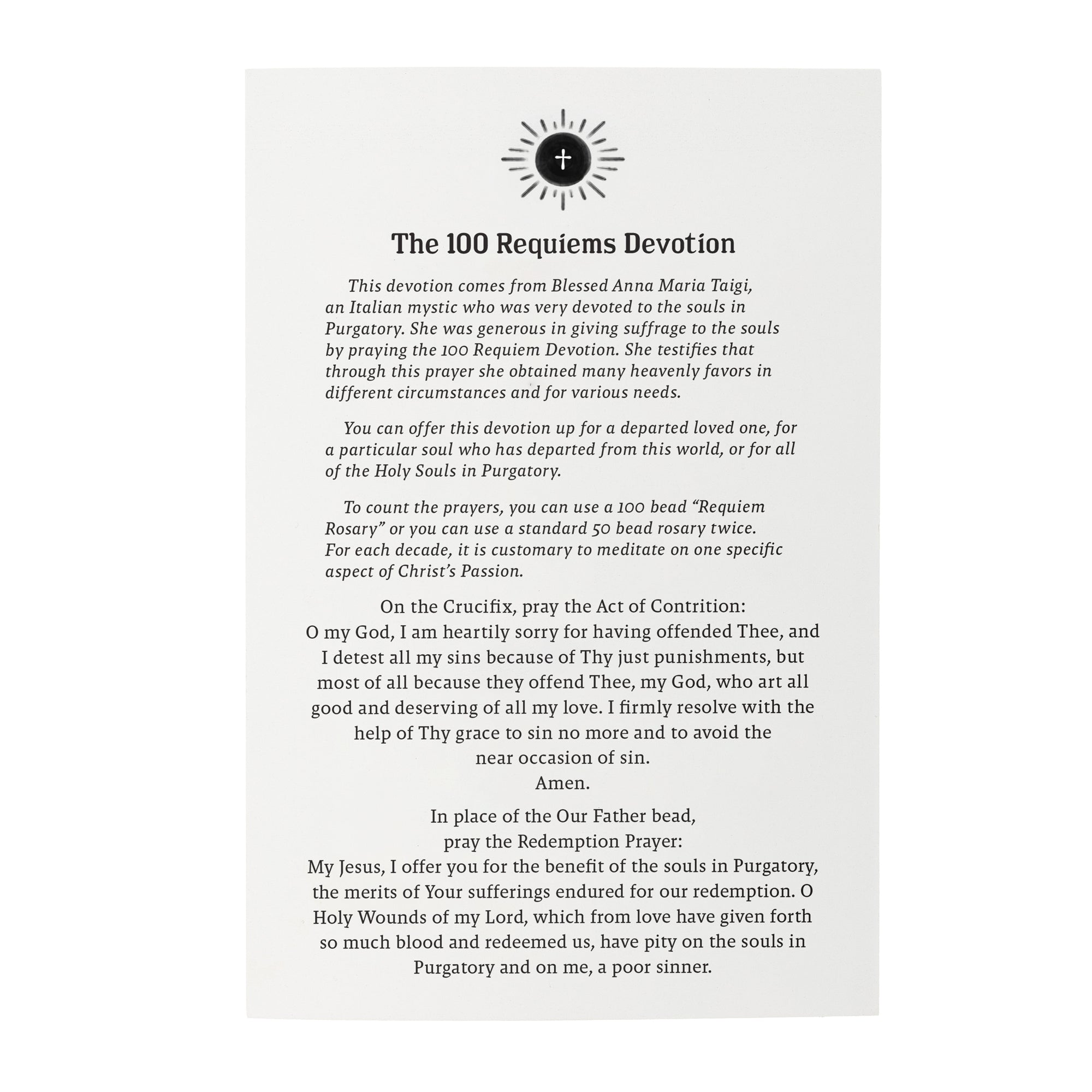 The 100 Requiems Devotion Prayer Card