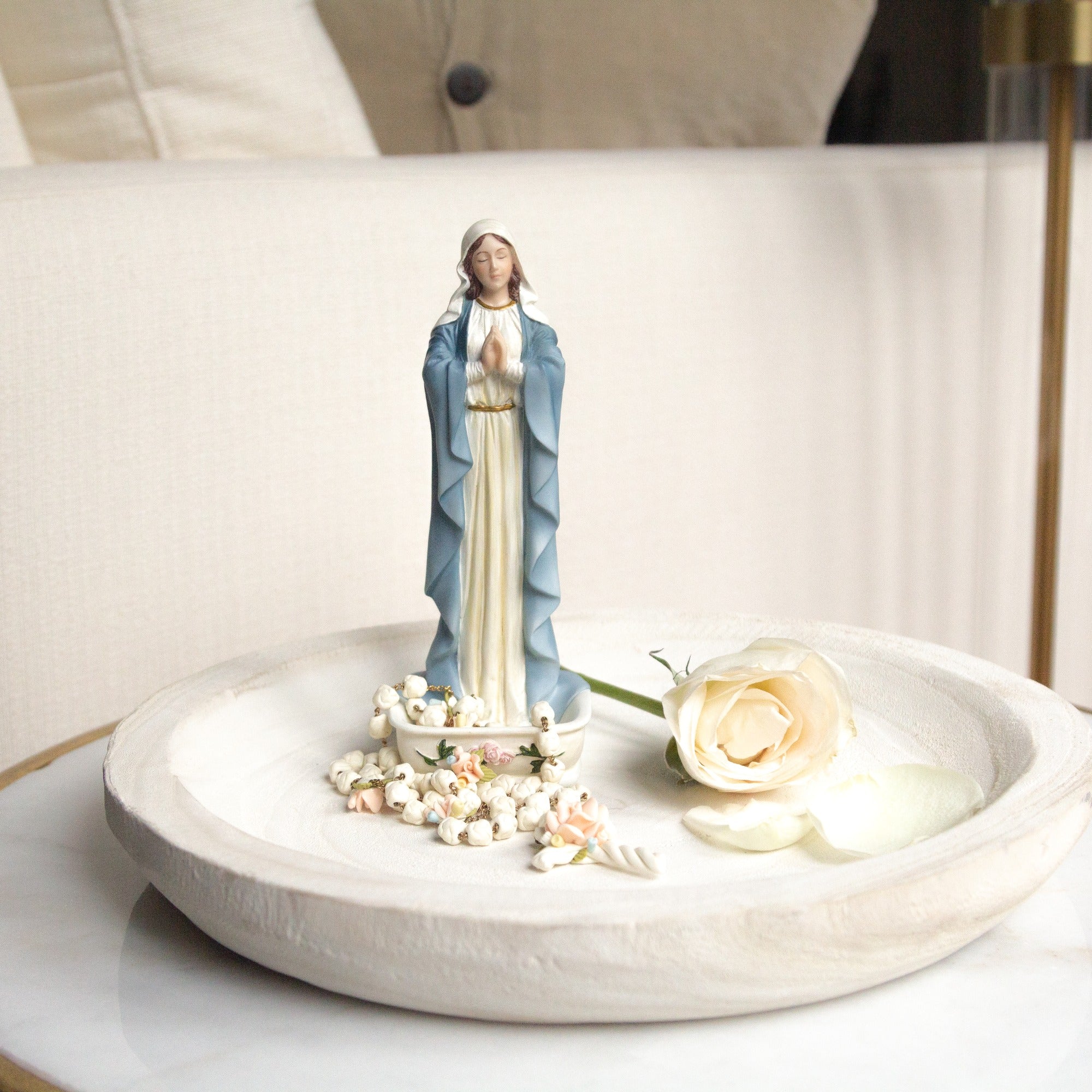 Small Madonna Statue Rosary Holder - Hand Painted