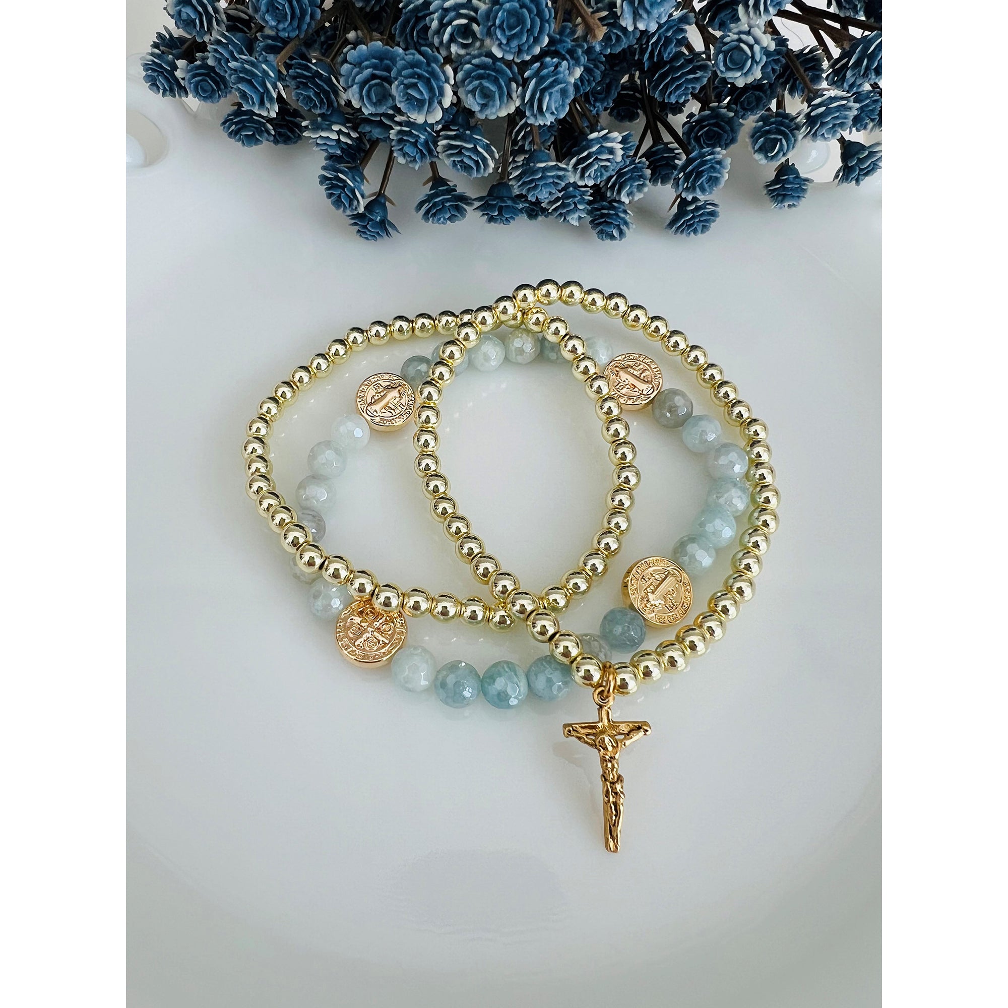 Gold Aquamarine Crucifix & St. Benedict Medal Bracelet Set - 3 Pieces