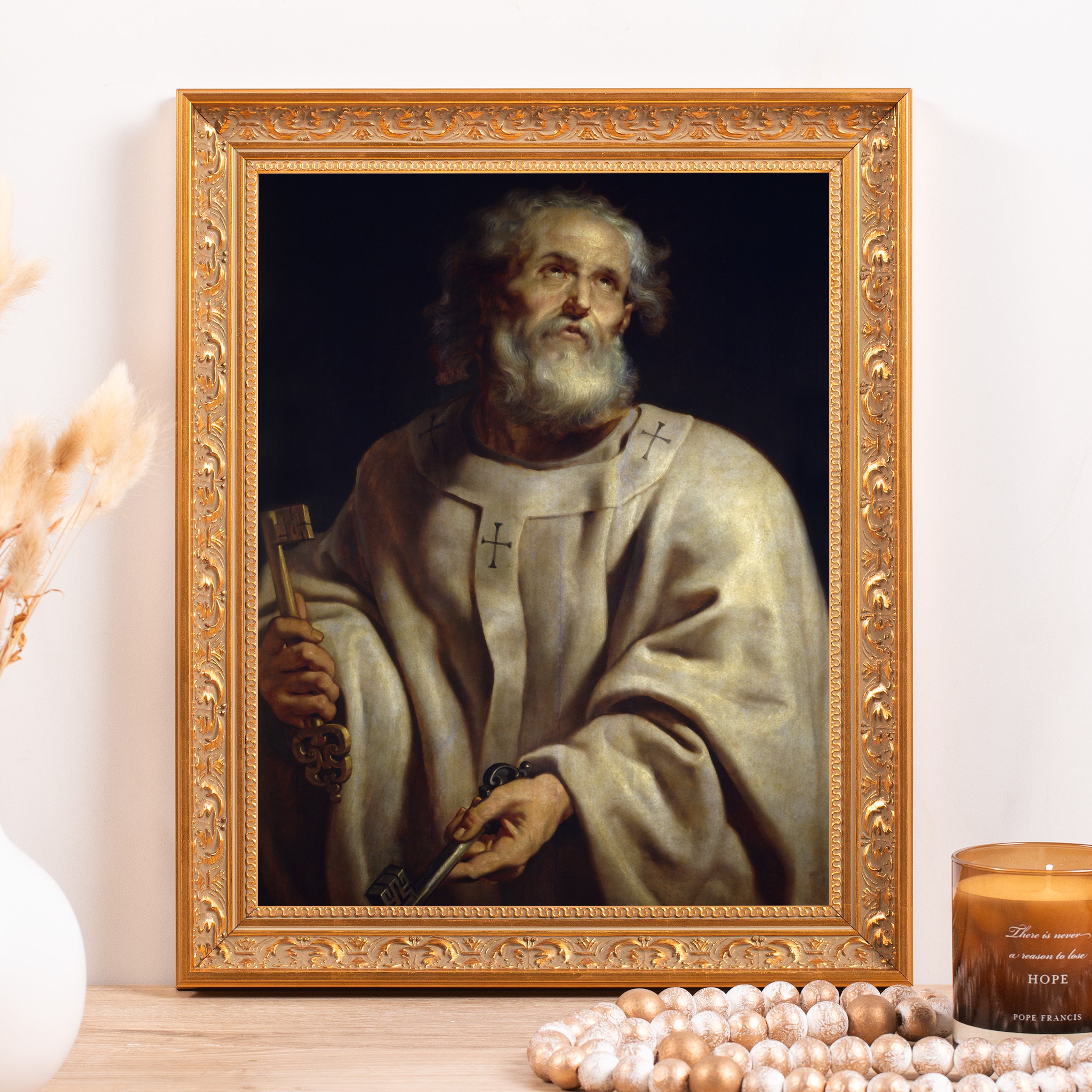 Framed Portrait of Saint Peter holding keys, in a detailed gold ornate frame, oil painting style.
