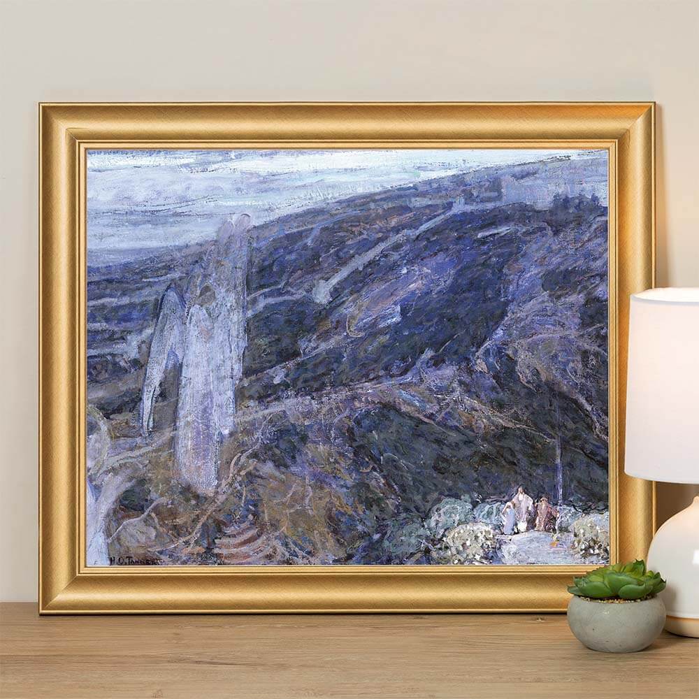 Framed landscape art print in gold frame showing dark blue rocks and icy white waterfall.