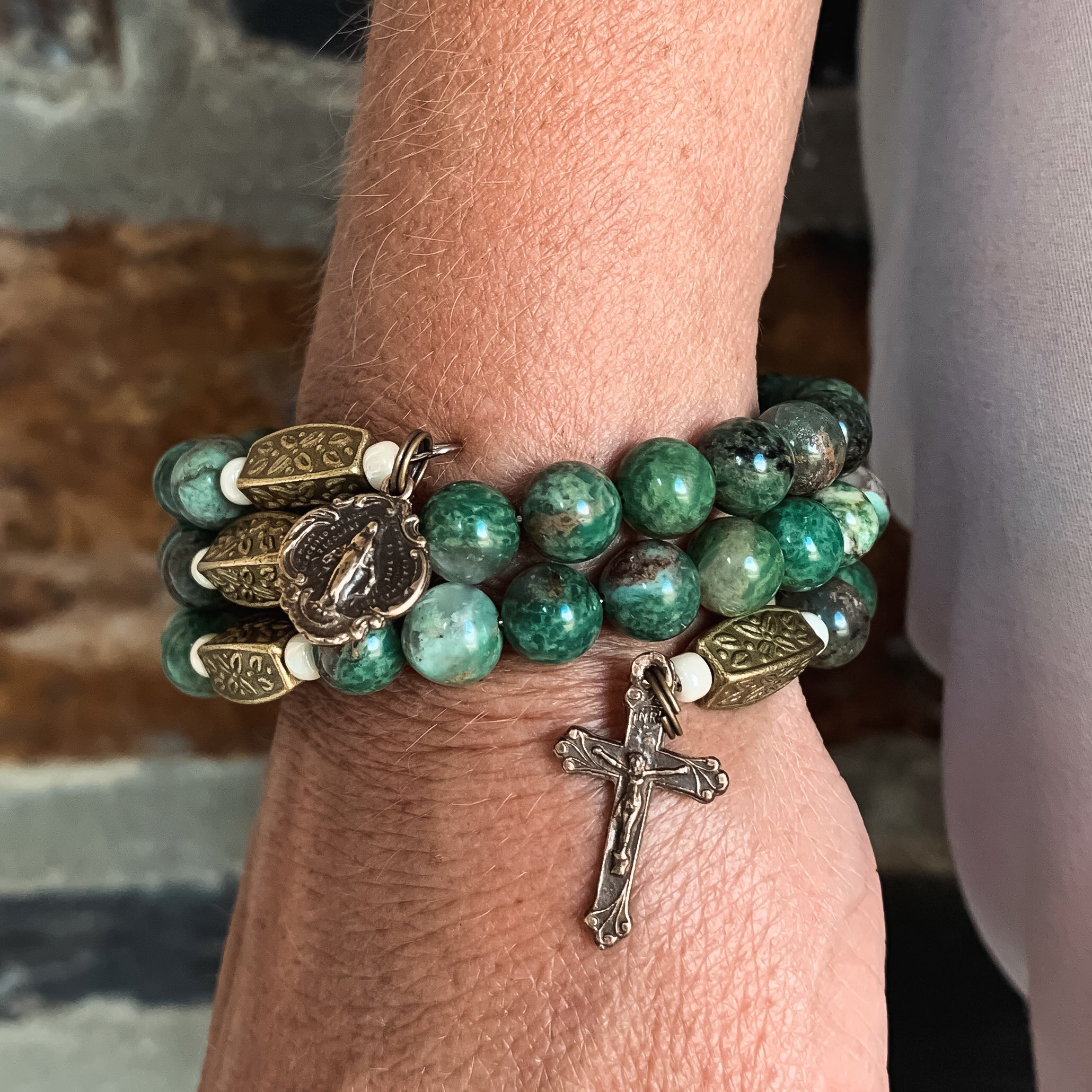 Jade Green & Brass Rosary Wrap Bracelet