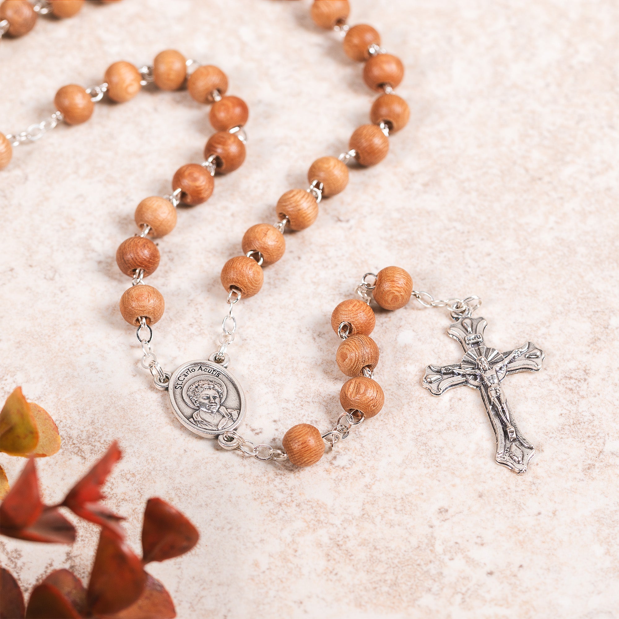 St. Carlo Acutis Sandalwood Rosary & Pin in Jute Bag