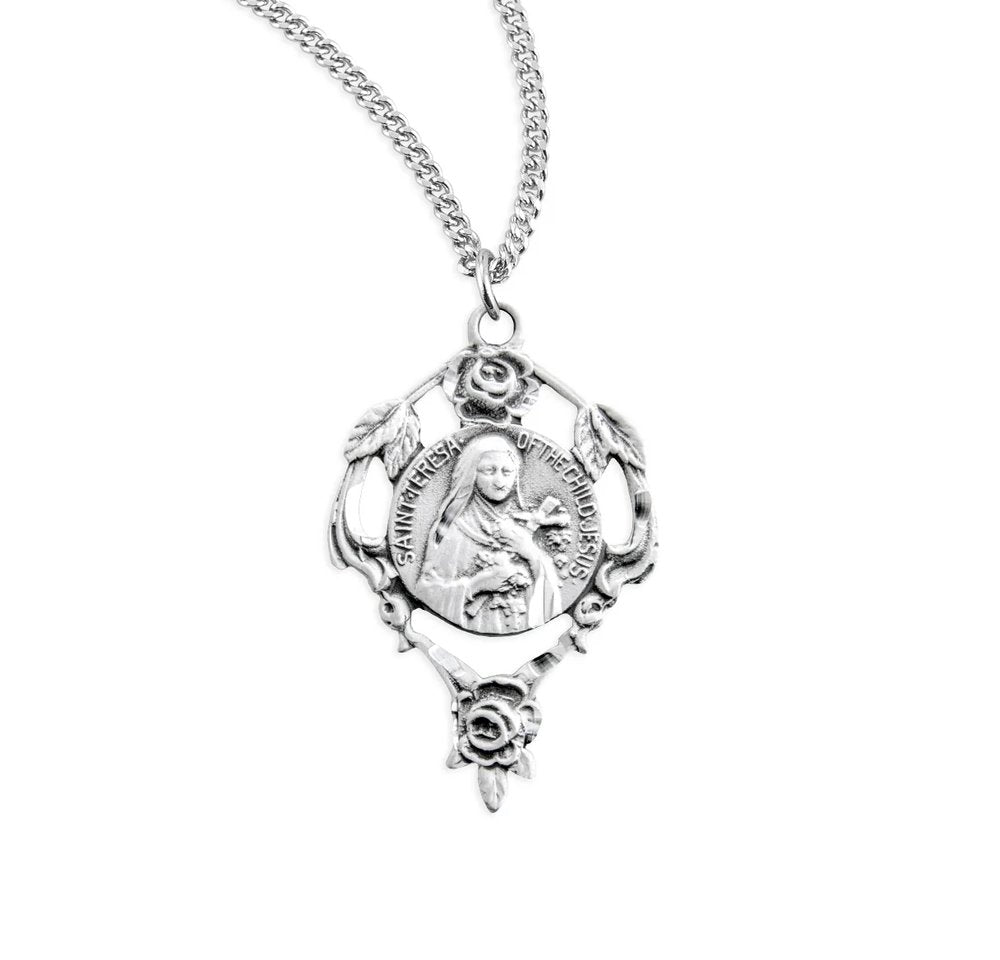 Sterling Silver Rose Wreath Saint Therese Medal