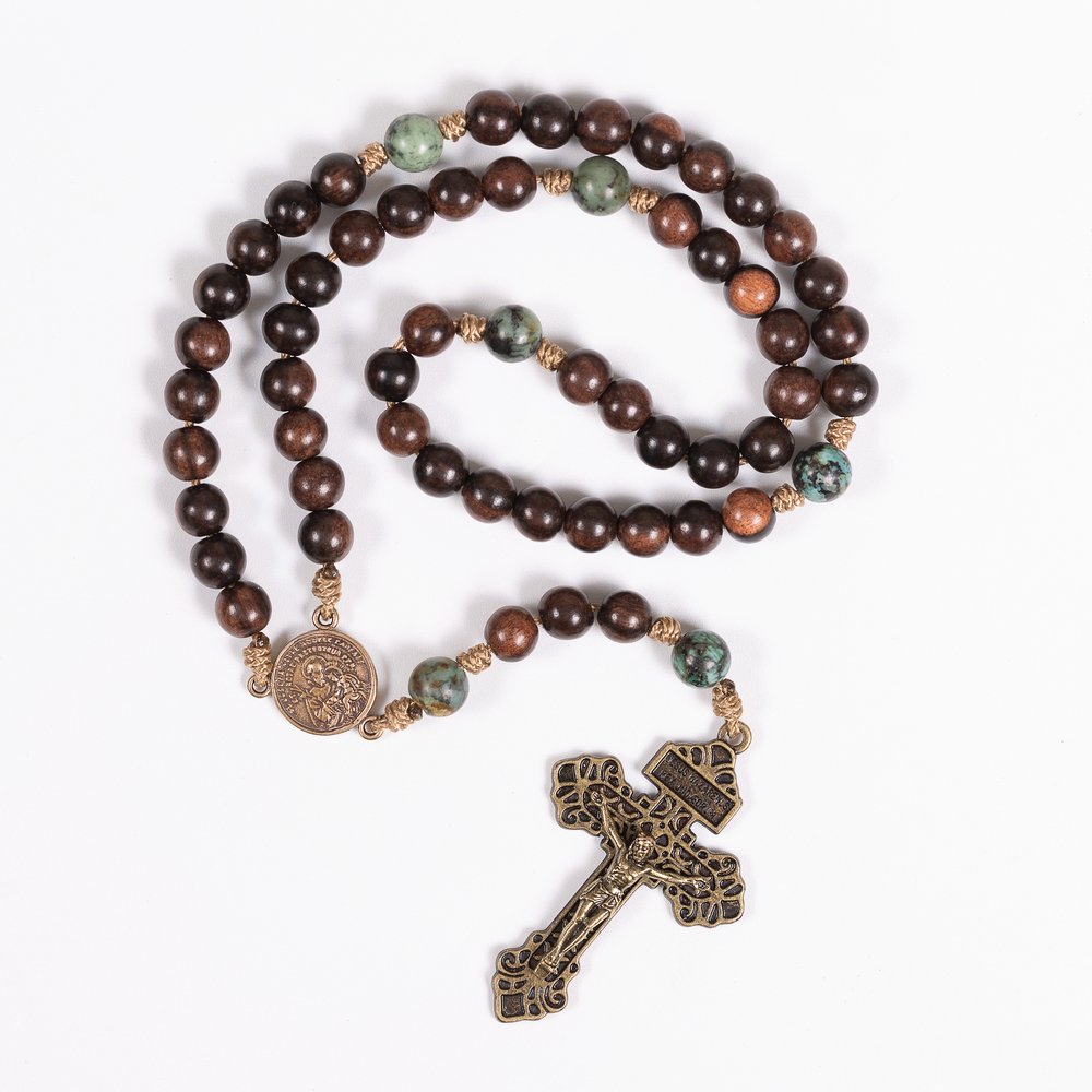 St. Joseph & Two Hearts Wood Bead Corded Rosary