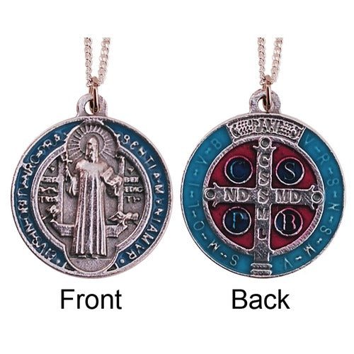 Silver and Blue Enameled St. Benedict Medal with Chain