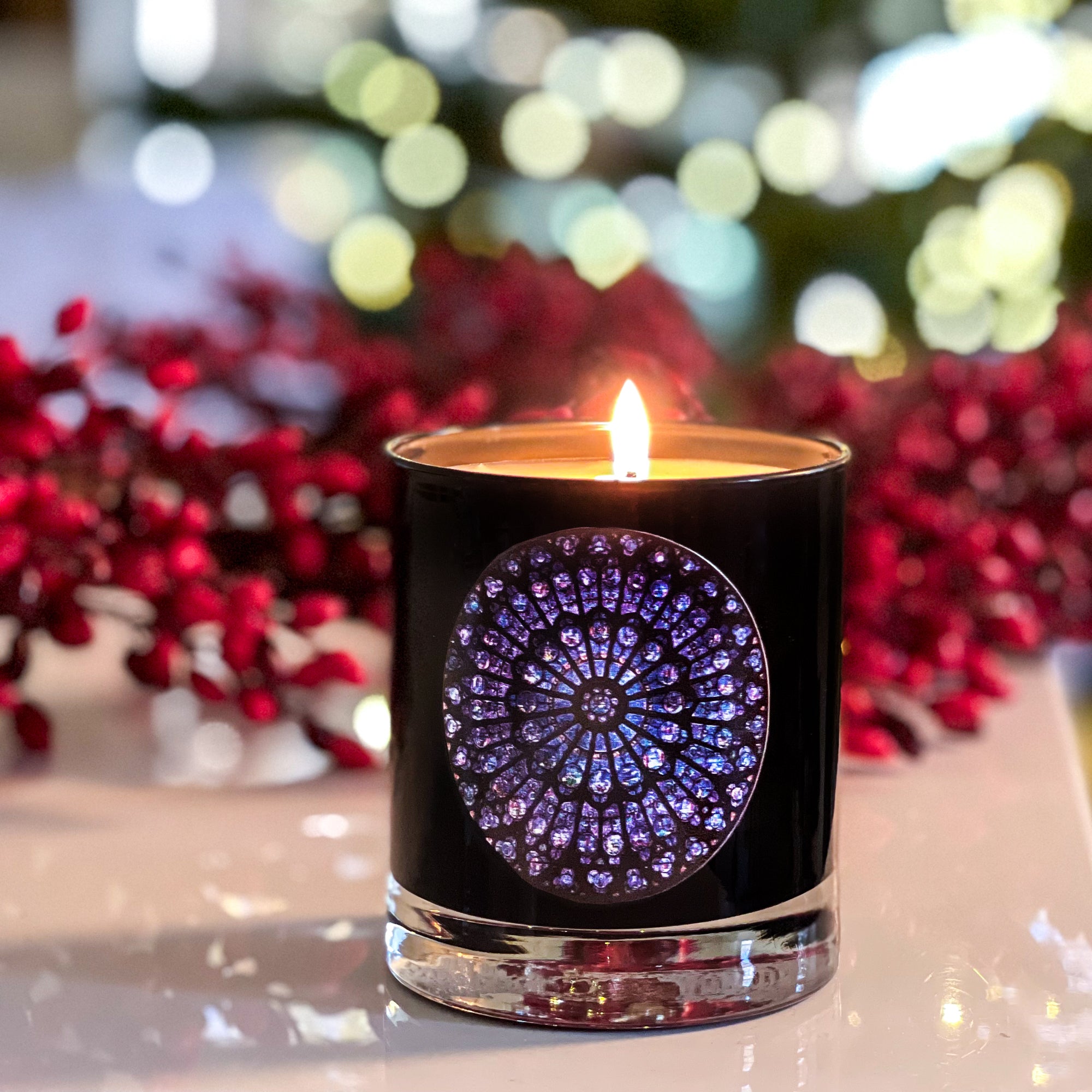 Notre Dame Rose Window Black Glass Candle