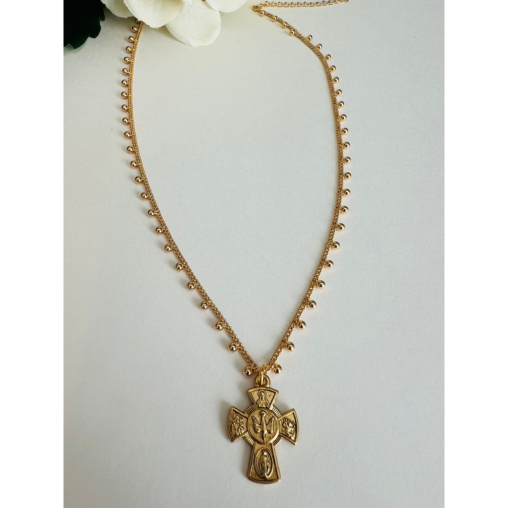 Gold Holy Spirit 4 Way Cross Fringe Necklace