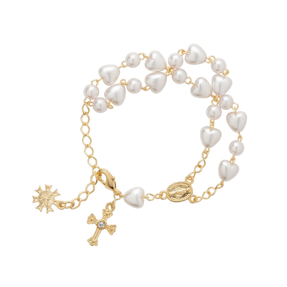 Double Strand Heart & Pearl Rosary Bracelet