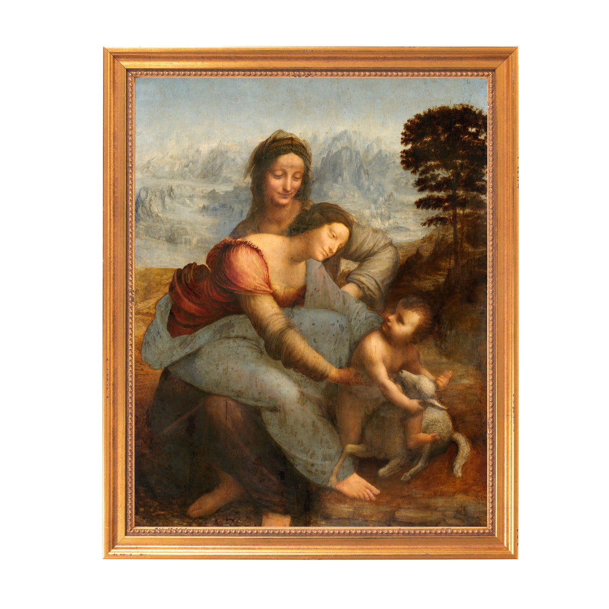 Framed painting of the Virgin and Child with St. Anne in Renaissance style with a gold-toned frame.