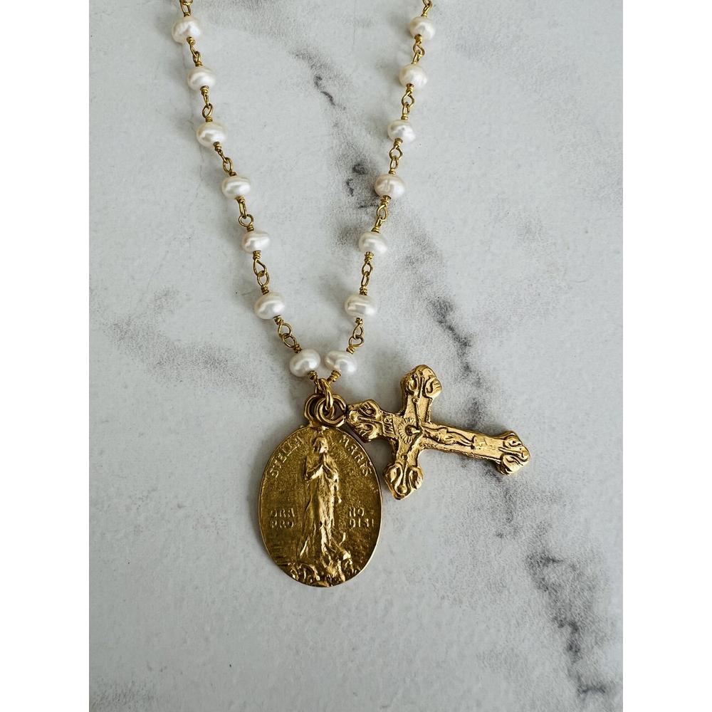 Antique Gold & Petite Pearl Stella Maris Crucifix Necklace