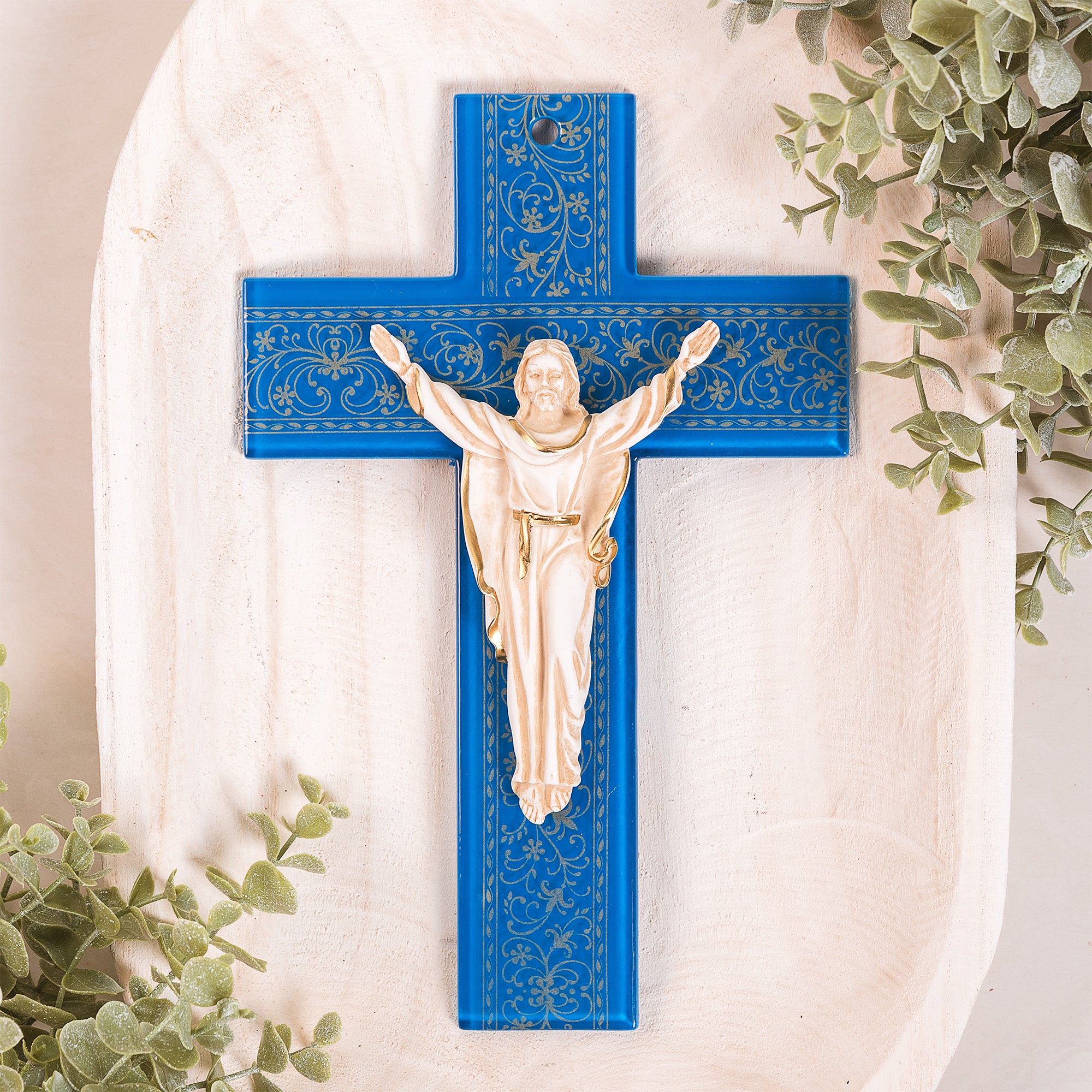 Blue Murano Glass Risen Christ Crucifix - 10"