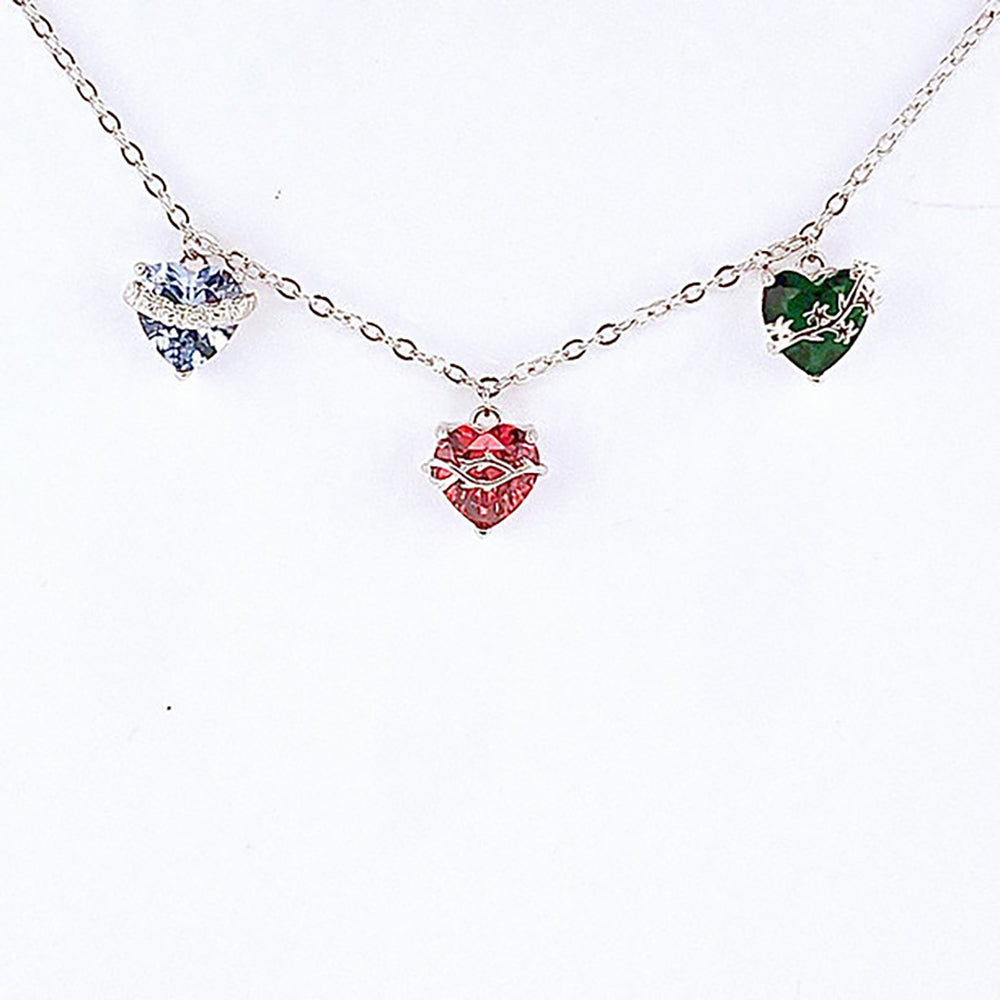 Sterling Silver 3 Hearts Jeweled Choker - Blue Red Green or Pink Red G