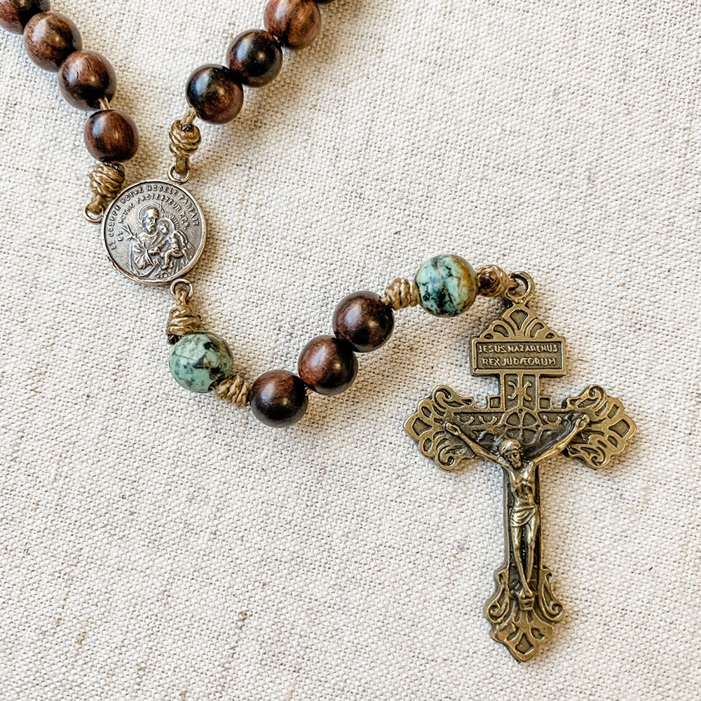 St. Joseph & Two Hearts Wood Bead Corded Rosary