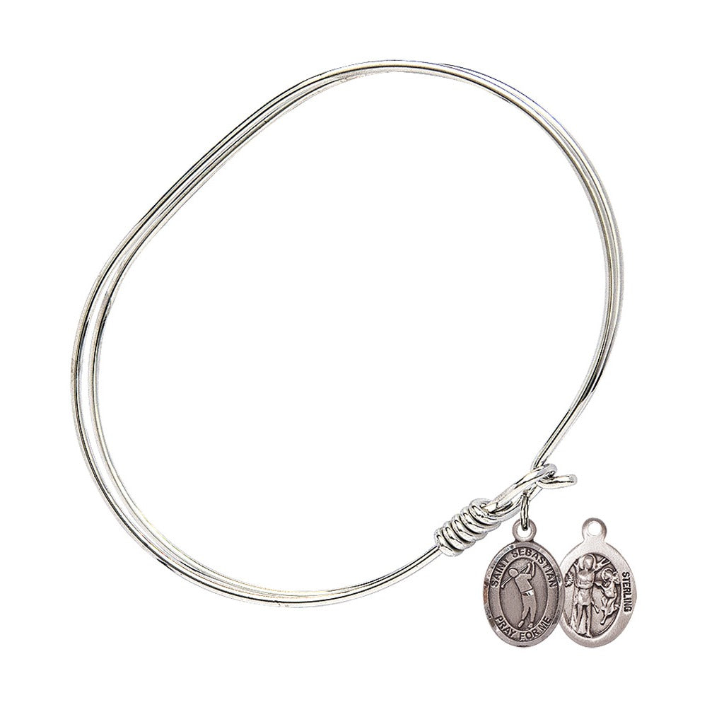 Adult 7" Oval Rhodium Plated Bangle Bracelet with St. Sebastian/Golf Medal Charm