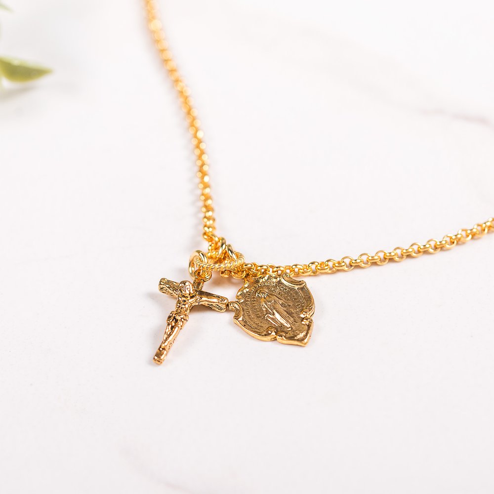 Gold Miraculous Medal & Crucifix Charm Necklace