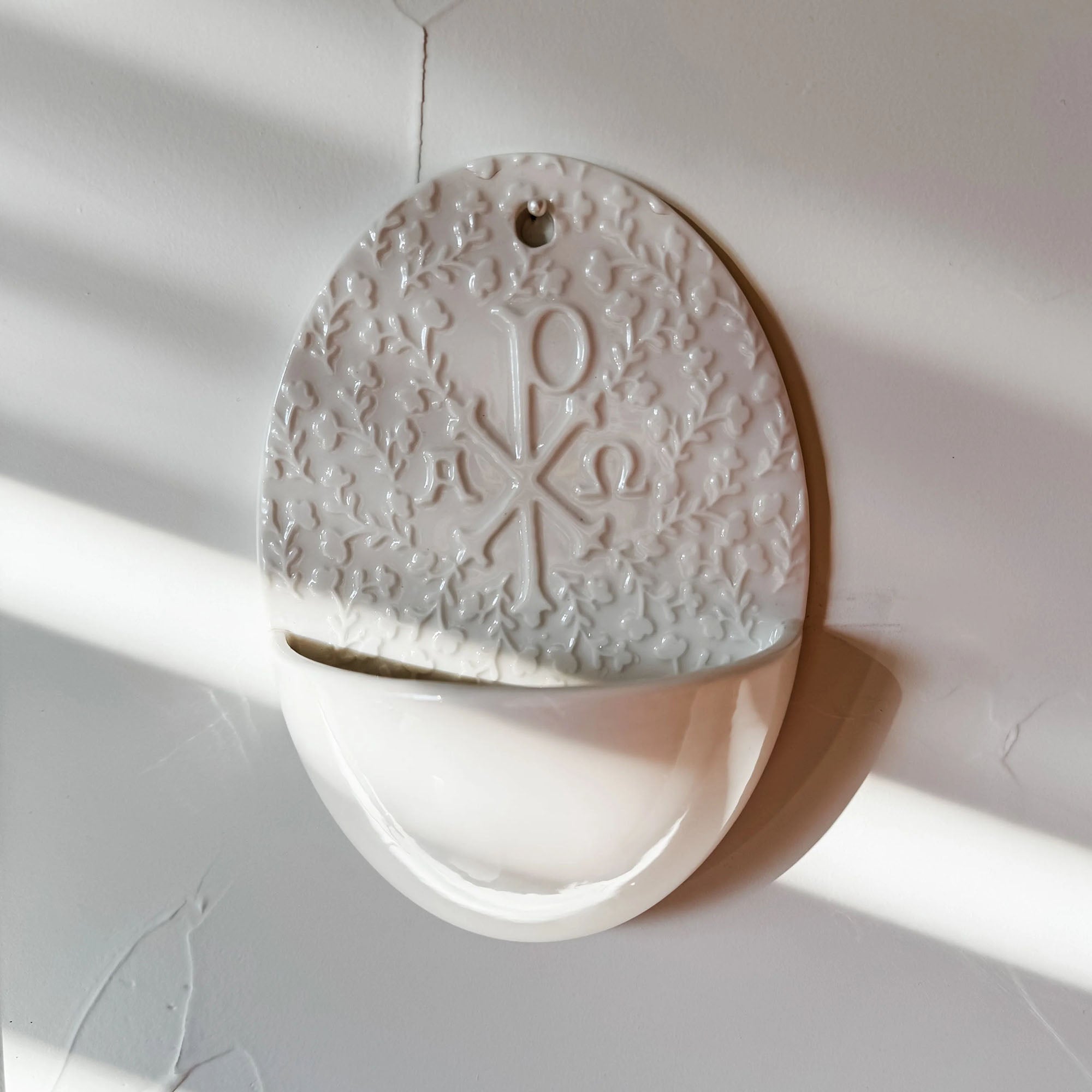 Ceramic Floral Chi Rho Holy Water Font - 7"