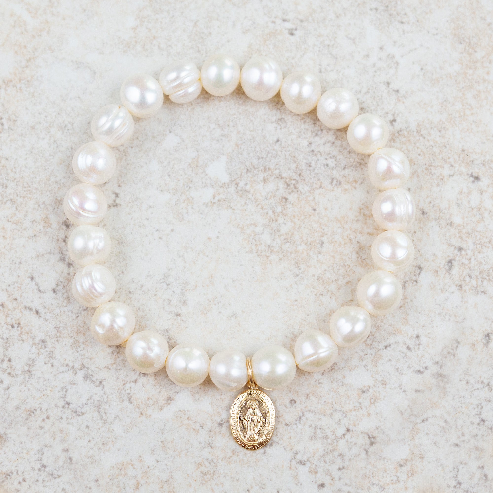 Freshwater Pearl & Gold Miraculous Medal Stretch Bracelet