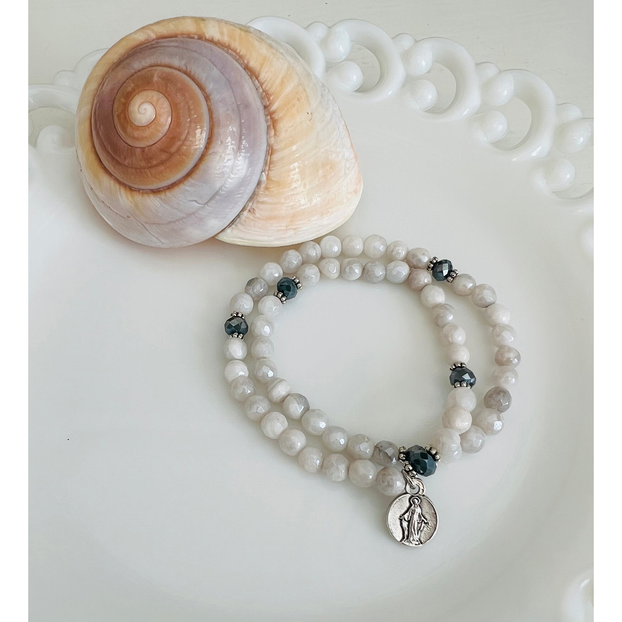 White Lace Agate Miraculous Wrap Rosary Bracelet
