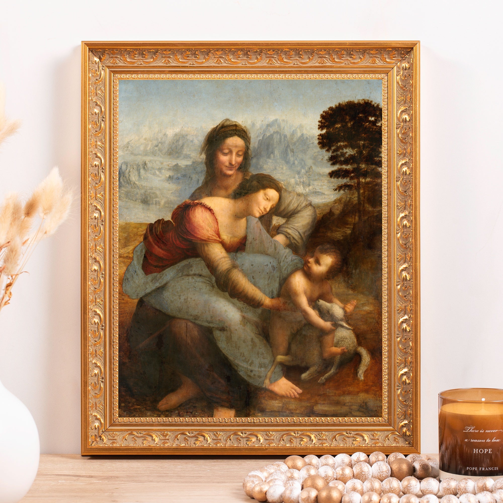 Framed Madonna and Child painting with gold ornate frame, Renaissance style art print for home decor.