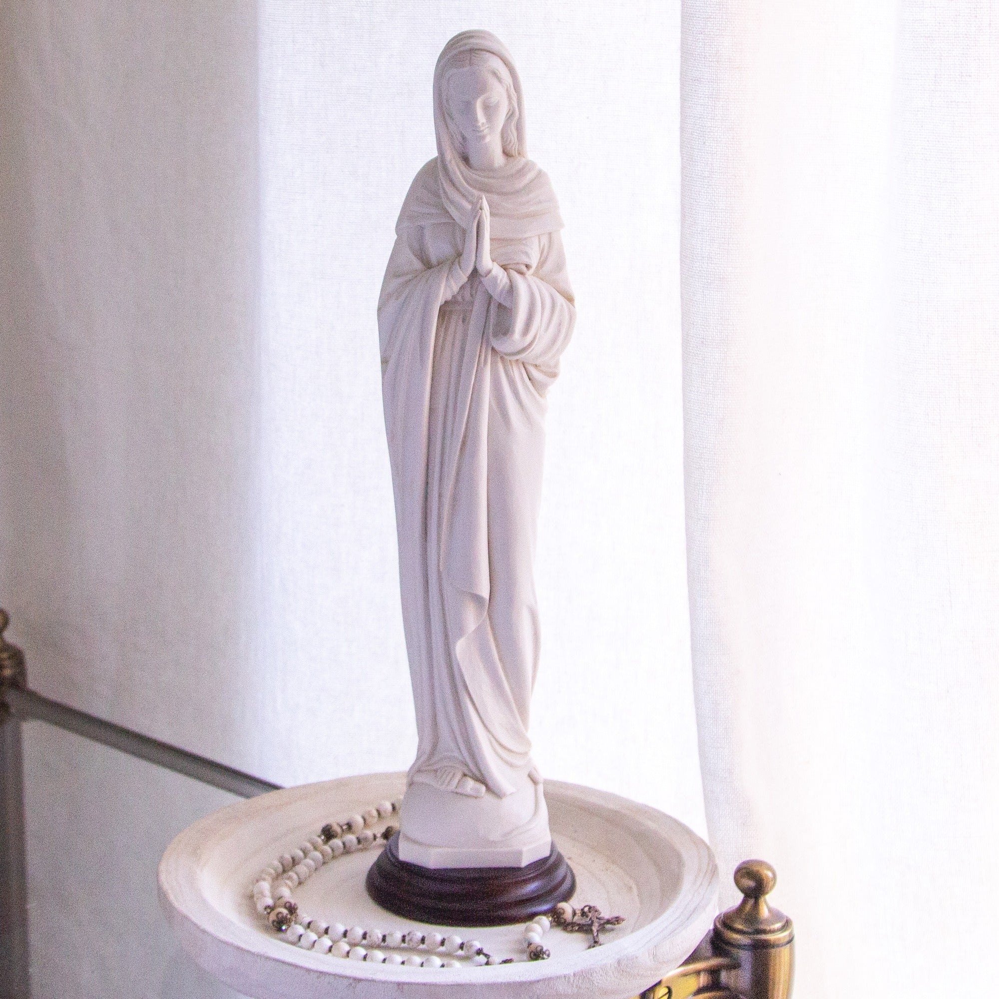 Praying Madonna Antique White Statue on Wood Base