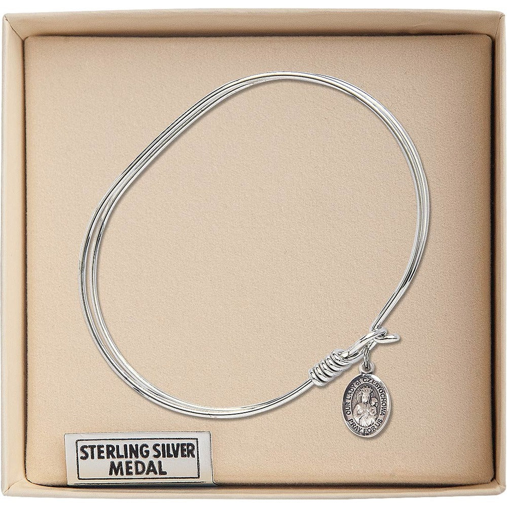Adult 7" Oval Rhodium Plated Bangle with Our Lady of Czestochowa Medal