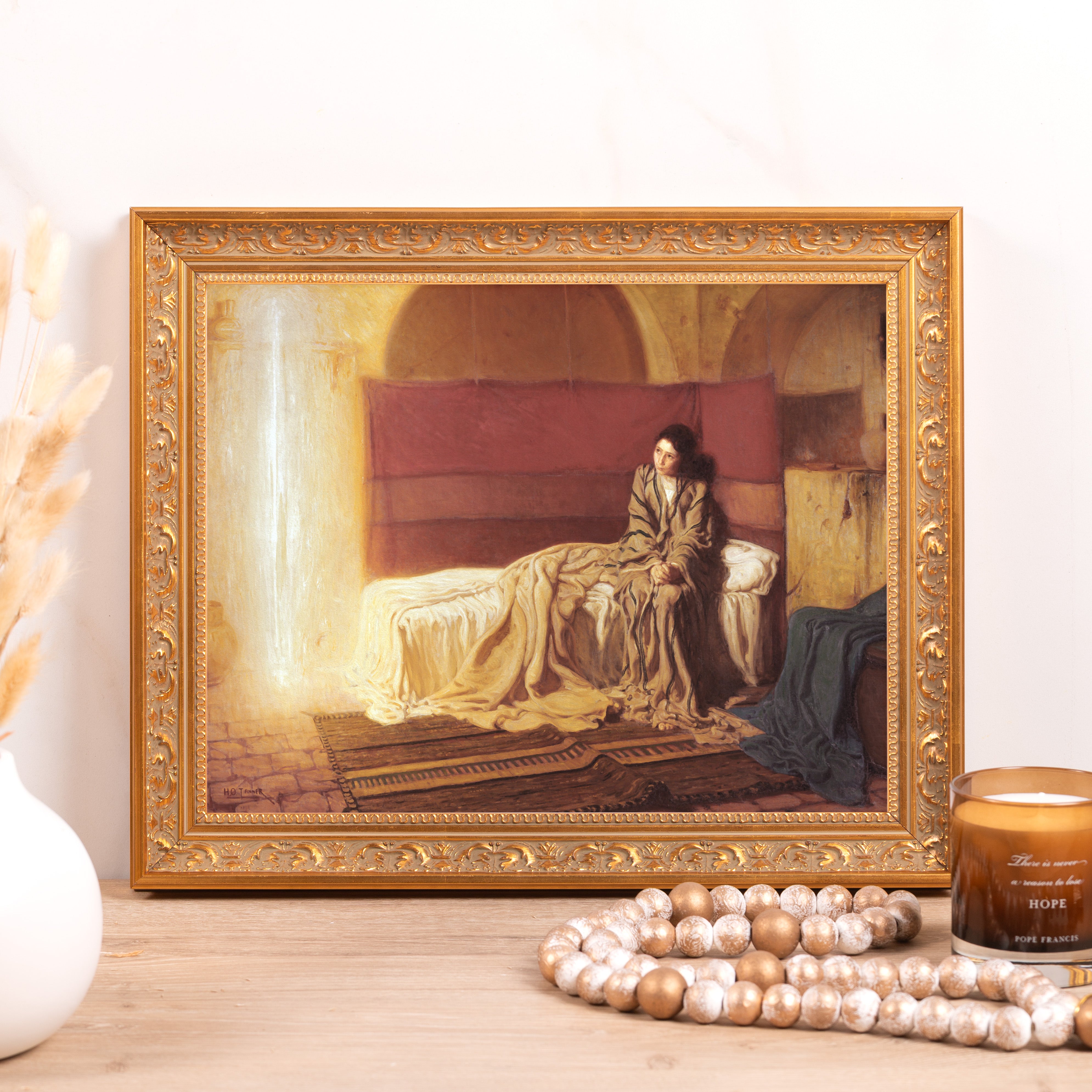 Framed reproduction of "The Annunciation" by Tanner with a gold, ornate frame; oil on canvas.