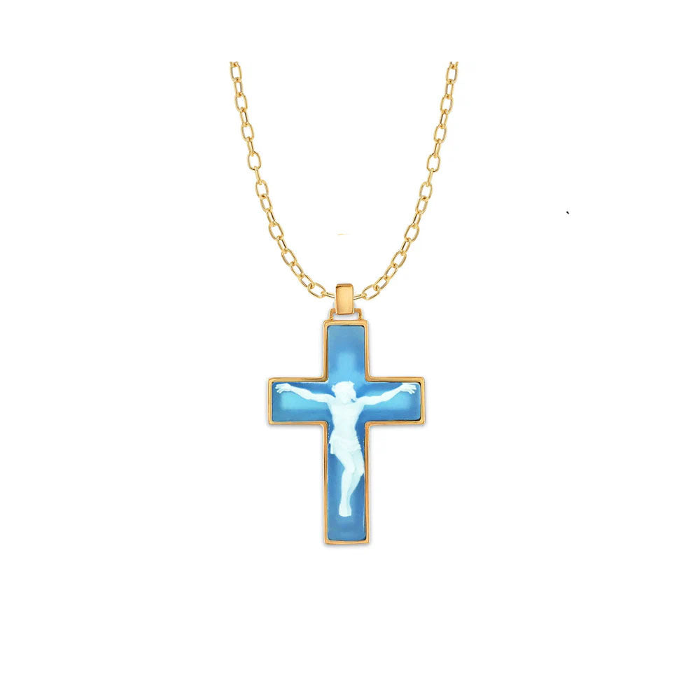 Carved Blue & White Cameo Crucifix Necklace