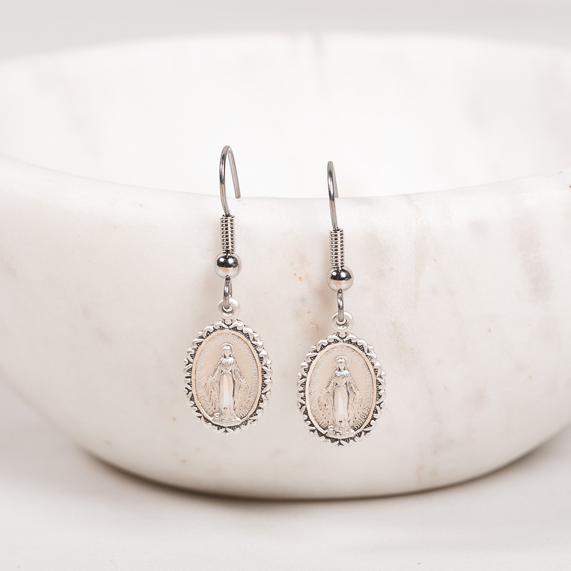 Lace Sterling Silver Miraculous Medal Dangle Earrings