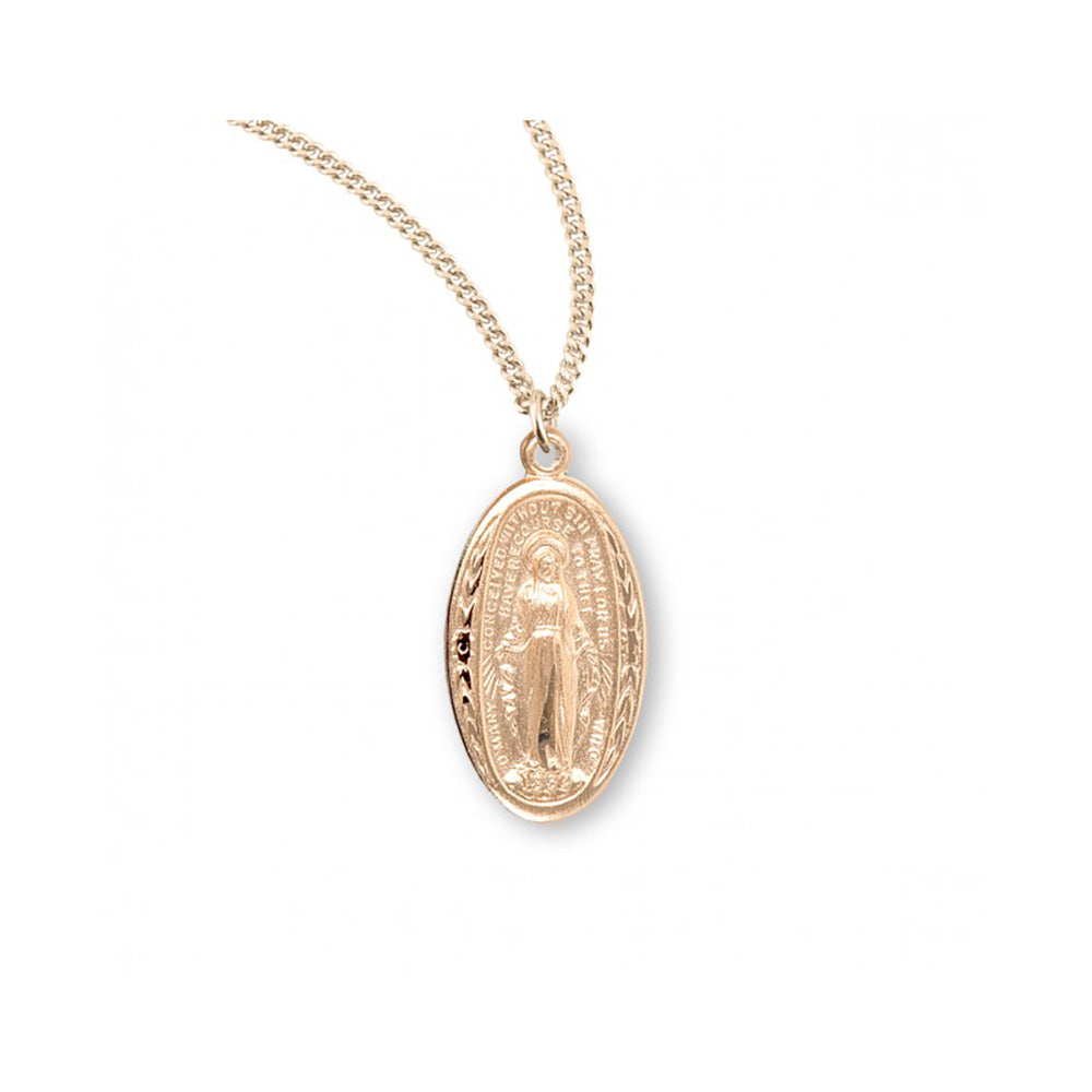 16kt Gold Over Sterling Silver Oval Miraculous Medal - 18 Inch Chain
