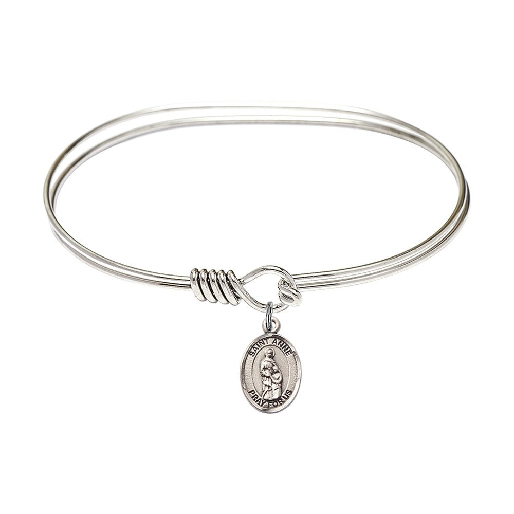 Adult 7" Oval Rhodium Plated Bangle Bracelet with St. Anne Medal Charm