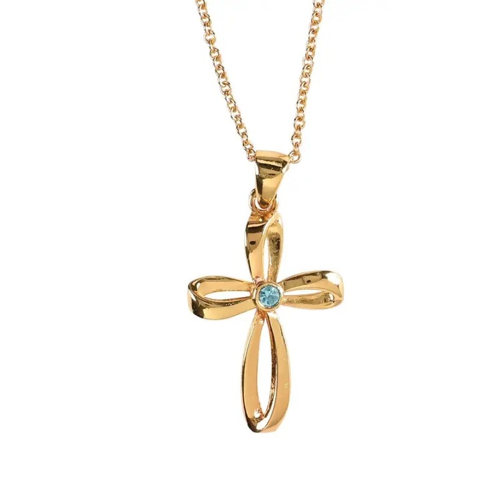 Gold-toned cross pendant necklace with a light blue gemstone at the center.