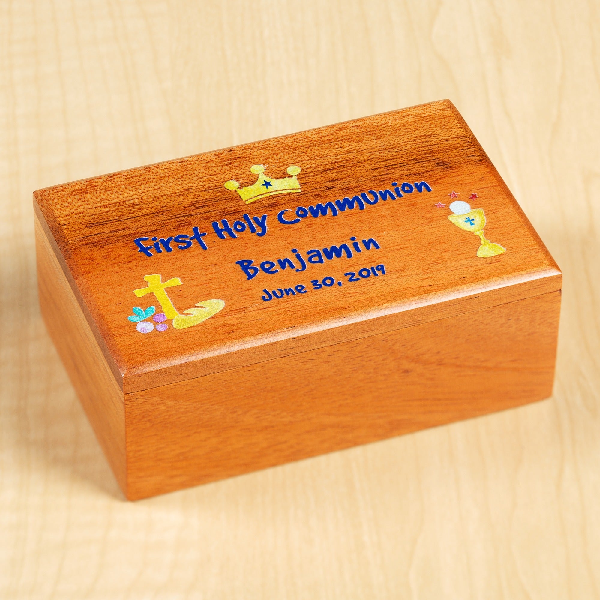 Personalized First Communion Watercolor Wood Box - Boy