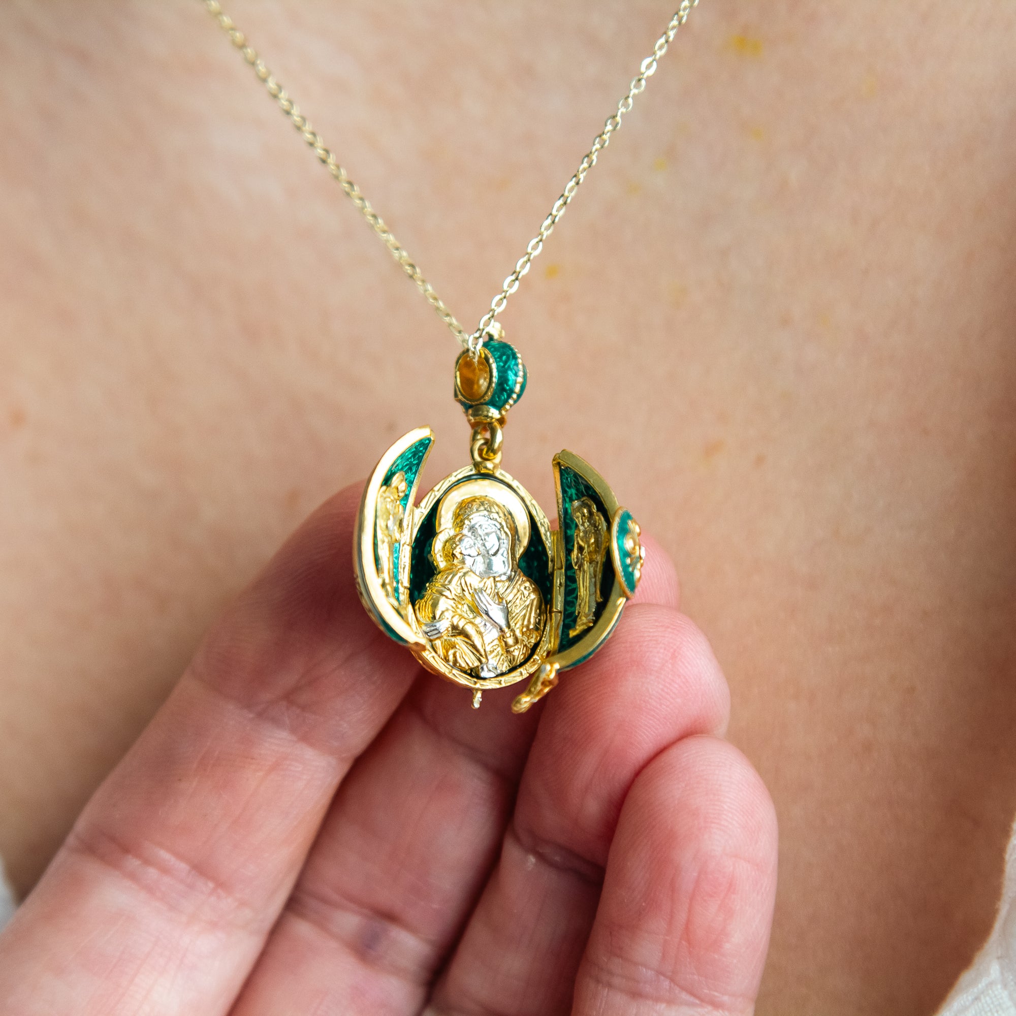 Emerald Green Faberge-Style Egg Locket With Icon and Angels (18" chain)
