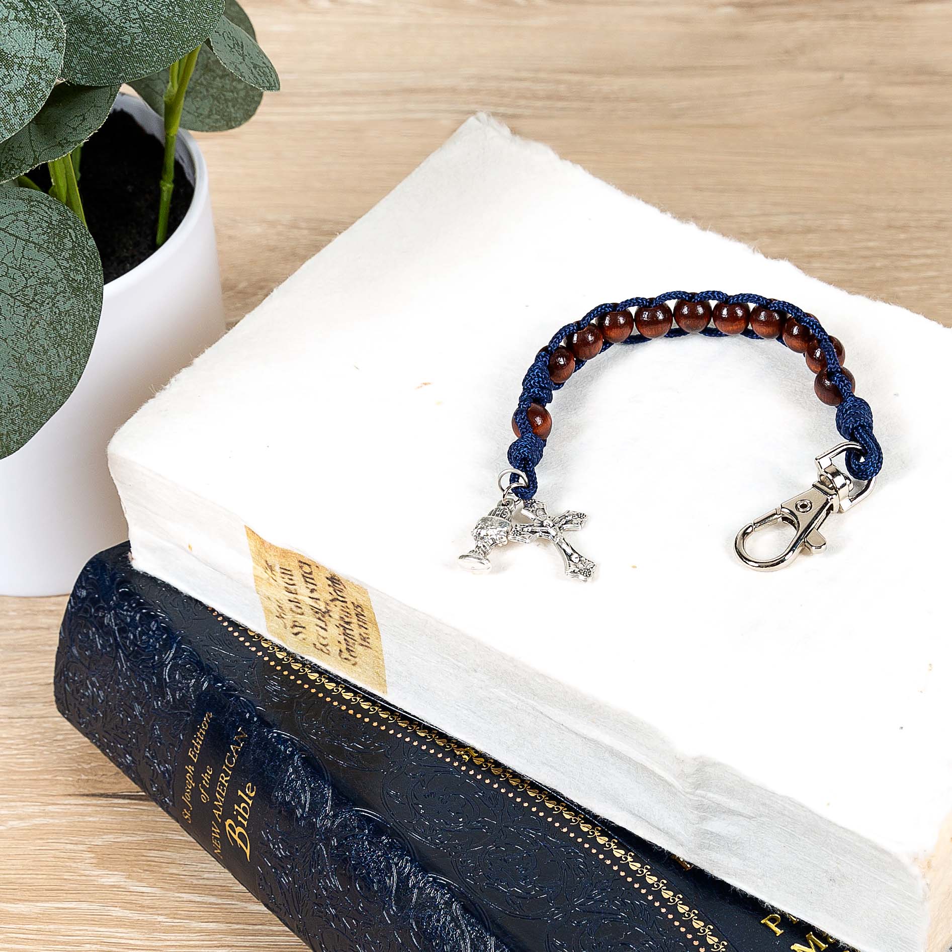 First Communion Wood & Blue Paracord Rosary Bracelet