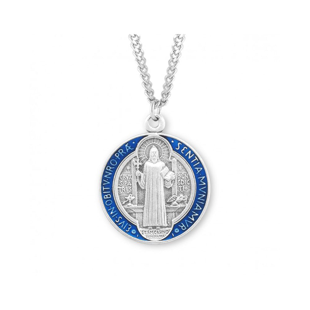 Sterling & Blue Enameled St. Benedict Medal Necklace - 24"