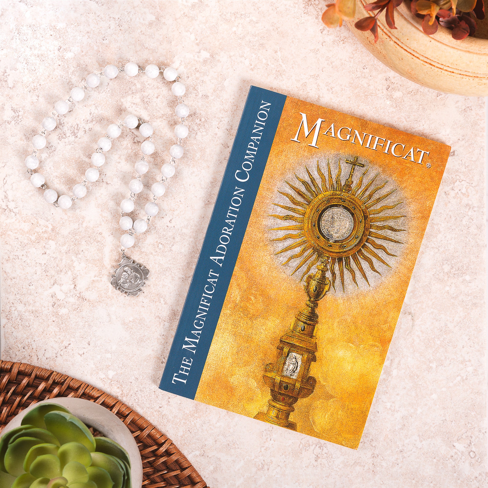 Gray Glass Blessed Sacrament Chaplet & The Magnificat Adoration Companion (Gift Set)