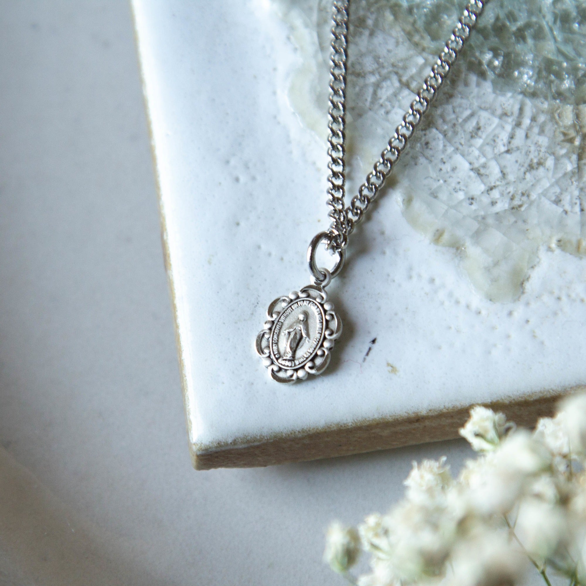 Petite Sterling Scalloped Miraculous Medal Necklace
