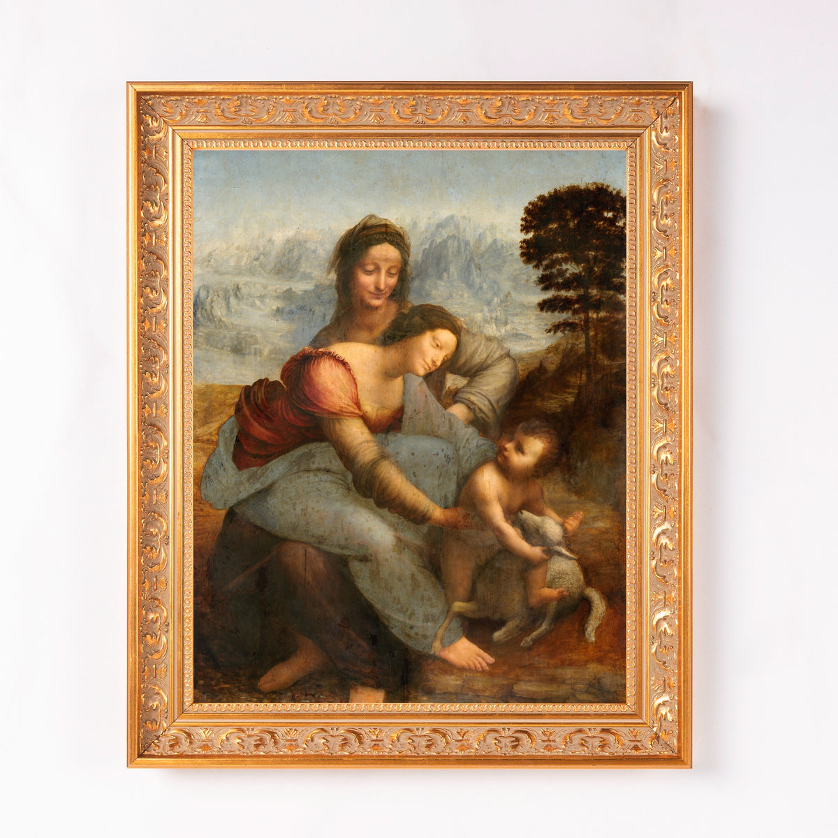 Framed "Virgin and Child with Saint Anne" painting; renaissance style, oil on canvas with ornate gold frame.
