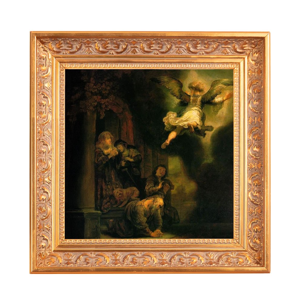 Framed painting depicts an angel appearing to shepherds, in a classic style and ornate gold frame.