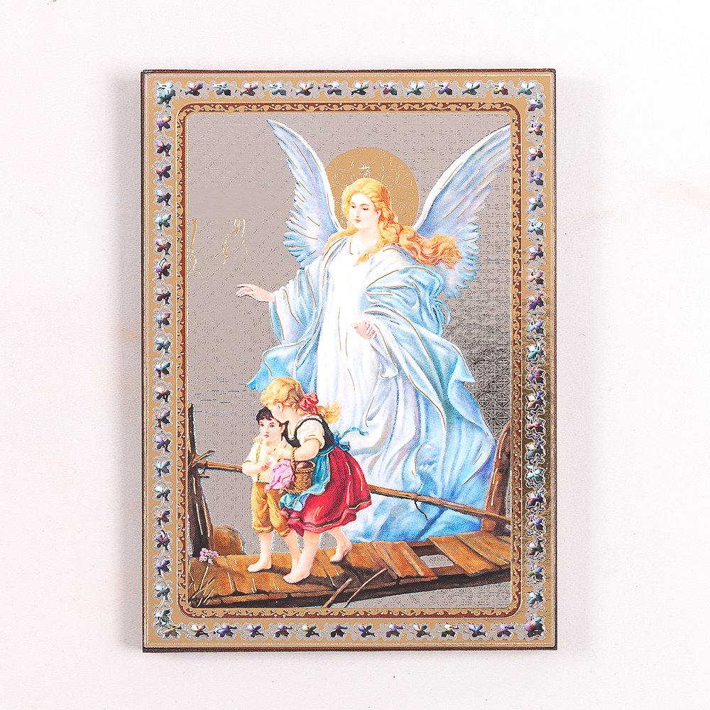 Religious plaque with illustration of guardian angel watching over children on bridge with jeweled border.